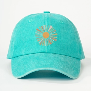 Vintage turquoise washed cotton baseball cap with metallic copper sunburst print pattern