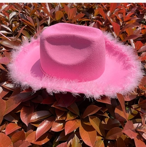 Sombrero vaquero rosa con borde de plumas suaves sobre fondo de follaje rojizo