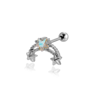 Macro shot of silver stainless steel star earring with colorful zircon and screw back
