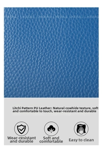 Macro shot of durable blue lychee grain PU leather showing wear-resistant soft texture