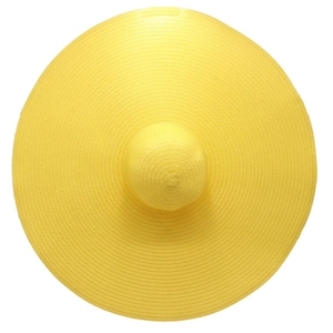 Bright yellow oversized 25cm brim straw hat with spiral weave and foldable sun protection