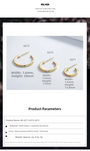 Detailed size chart for 925 silver 14k gold earrings with colorful zircon stones
