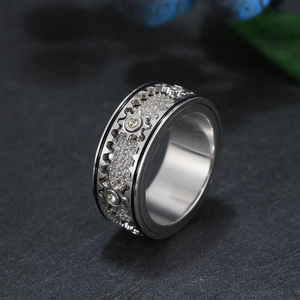 Mechanical gear rotating ring in sterling silver with pave zircons and punk style