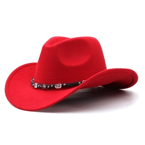 Classic red western cowboy felt hat featuring a black beaded ethnic style woven band