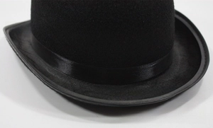 Detailed view of black felt top hat brim featuring a smooth satin ribbon decoration