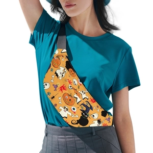 Close-up of orange Halloween waist bag with pumpkins, ghosts and black cat patterns