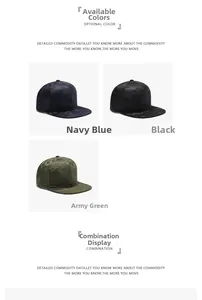 Detail showing camo mesh patterns on navy, black and army green flat brim baseball caps