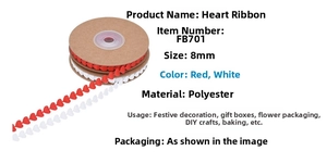 Detail view of 8mm heart-shaped polyester ribbons in red and white for gift wrapping