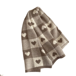 Knitted heart checkerboard scarf in brown and white, soft winter neck warmer for women