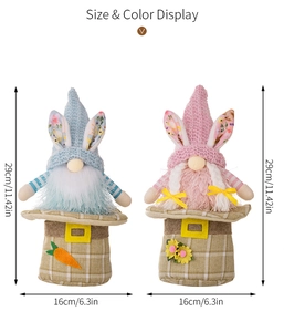 Detailed view showing Easter bunny gnome dimensions and checkered base with floral accents