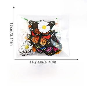 Detail of 42pcs butterfly and daisy embroidery patches set in packaging with dimensions