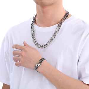 Minimalist 15mm silver stainless steel Cuban link chain necklace and bracelet set for men