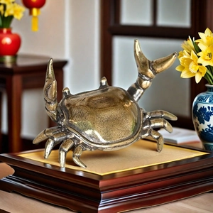 Vintage bronze crab figurine sculpture on wooden base for desk decor and tea pets