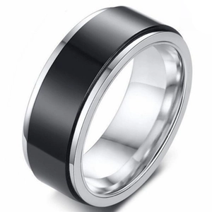 8mm wide silver stainless steel spinner ring for men with black rotatable center band