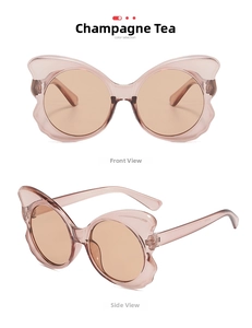 Detailed front and 45-degree side views of champagne butterfly oversized sunglasses