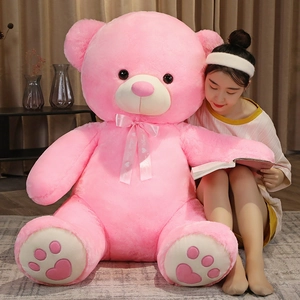 Large pink plush teddy bear with Sweet Love ribbon and heart embroidery on paws