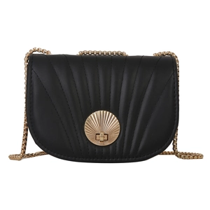 Minimalist black quilted saddle bag with golden shell lock and elegant chain strap