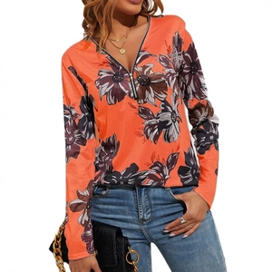 Damen Langarmshirt mit V-Ausschnitt, orangefarbenem Blumendruck und Metallreißverschluss