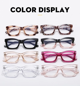 Matrix display of eight colorful oversized anti-blue light glasses frames in various colors