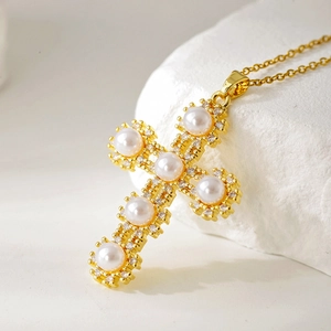 Luxurious gold plated cross pendant necklace with white pearls and sparkling zircons