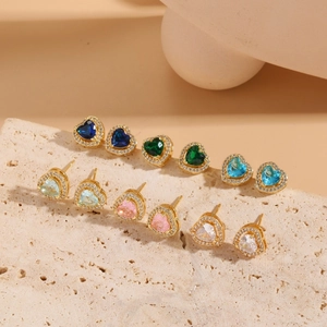 Elegant 14K Gold Plated Copper Heart Zirconia Stud Earrings For Women Fashion Minimalist Colorful Zirconia Jewelry Gift