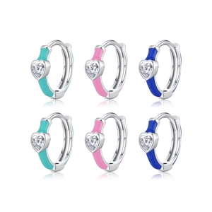 S925 silver heart hoop earrings set with colorful enamel and sparkling crystal stones