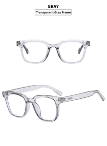 Detail view of transparent grey square frame sunglasses with metal hinge structure