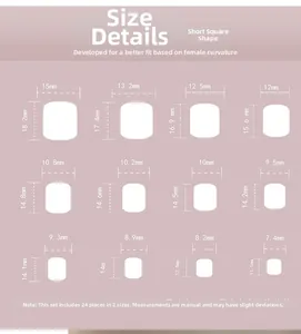 Size chart for short square press-on nails with 12 sizes for a natural curved fit