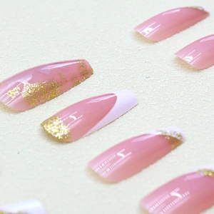 Unghie finte French bianche con glitter dorati, forma ballerina lunga, set elegante