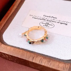 Vintage 18k gold plated open ring with multi-color beads and a dangling white pearl