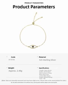 Specifications for S925 sterling silver evil eye bracelet with 18K gold and blue zircon