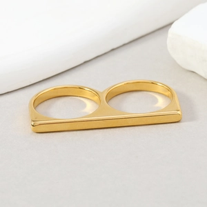 Modern gold plated stainless steel double finger ring with geometric parallel band design