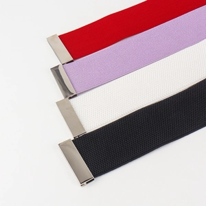 Elastic waist belts in red, purple, white and black with silver metal buckles for women