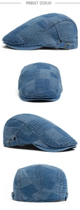Detailed four-angle view of washed denim newsboy cap with adjustable metal buckle strap