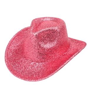Detail of bright pink glitter cowboy hat with shimmering sequins for party and stage
