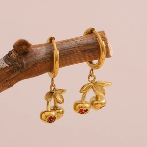 Elegant 18K gold plated stainless steel cherry drop earrings with sparkling red crystals