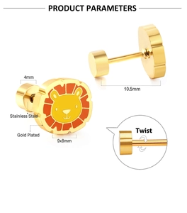 Detailed view of 9x8mm gold-plated stainless steel lion studs with screw back design