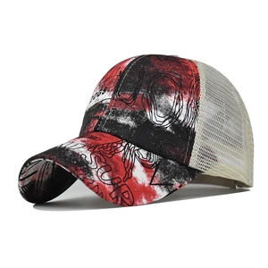 Tie-dye ponytail baseball cap with red and black graffiti print and breathable mesh back