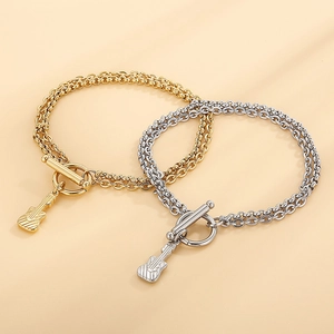 Double-layer stainless steel guitar pendant bracelet with OT toggle clasp in gold and silver