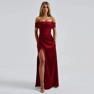 Detail of elegant off-shoulder satin evening dress with waist pleats and side slit