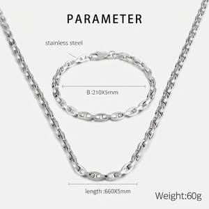 Polished stainless steel necklace and bracelet set with detailed dimensions and specs