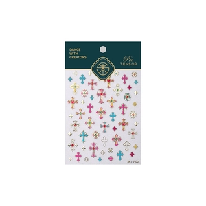 Matte gold adhesive nail stickers with colorful cross patterns in retail packaging