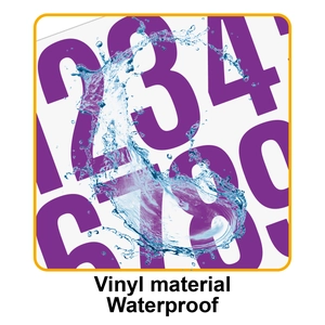 Macro detail of purple vinyl number stickers with splash effect showing waterproof feature