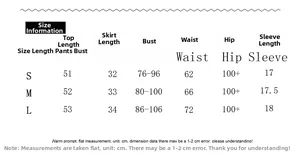 Size chart for lace hollow short sleeve top and skirt set with detailed body measurements