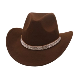 Detail of western brown felt hat featuring luxury pearl and rhinestone decorative band