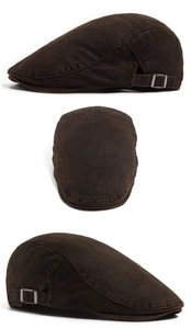 Detailed three-view shots of dark brown washed cotton flat cap with side metal buckles