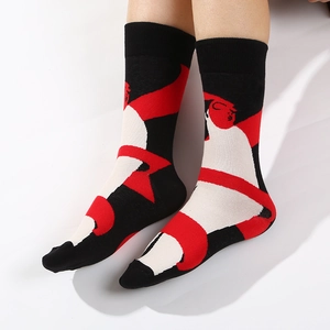 Artistic Picasso style crew socks with red and black abstract portrait pattern