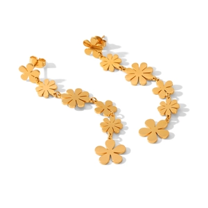 18k gold-plated daisy floral tassel earrings with long dangling stainless steel design