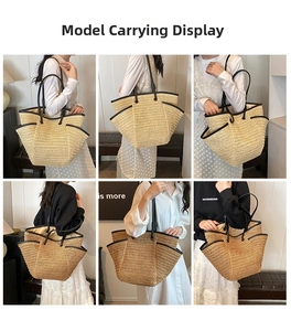 Detailed views of large woven straw tote bag with black trim on model in various angles