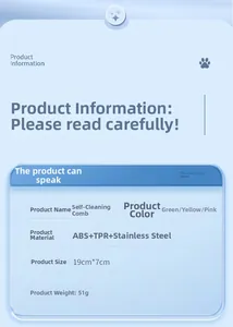 Specifications for self-cleaning pet brush showing size 19x7cm and ABS TPR materials